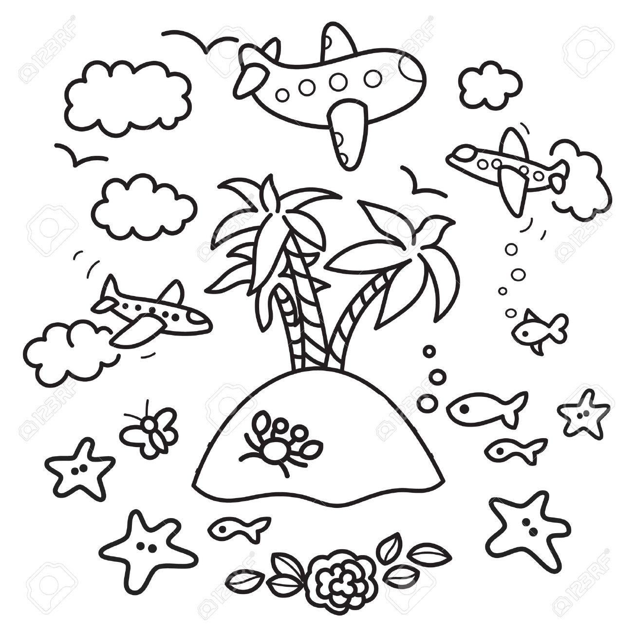 Dessin à Main Levée île Paradisiaque Dans Le Réservoir De Poissons Des Avions Volant Concept De Rêve Sur Les Vacances Dessin Dbon Pour Des