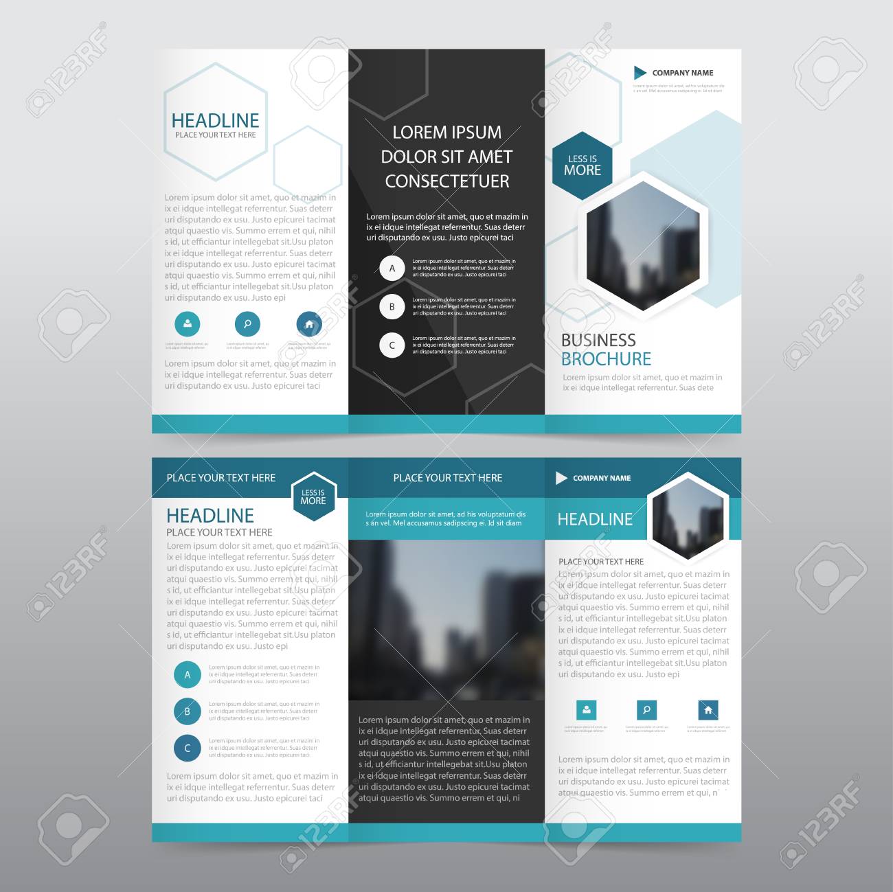 blue hexagon business trifold leaflet brochure flyer report template trifold flyer