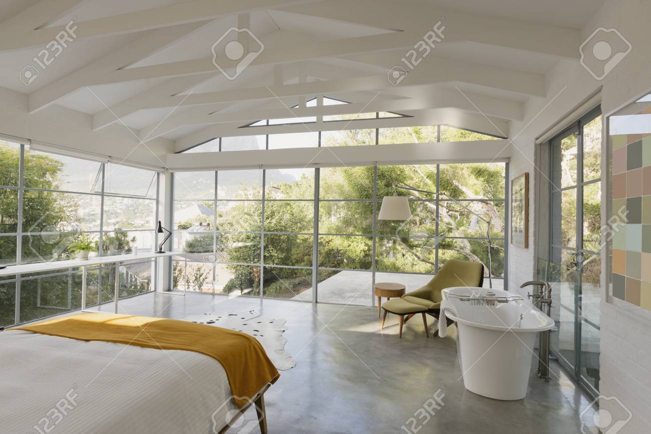 Modern Luxury Home Showcase Interior Bedroom With Garden View