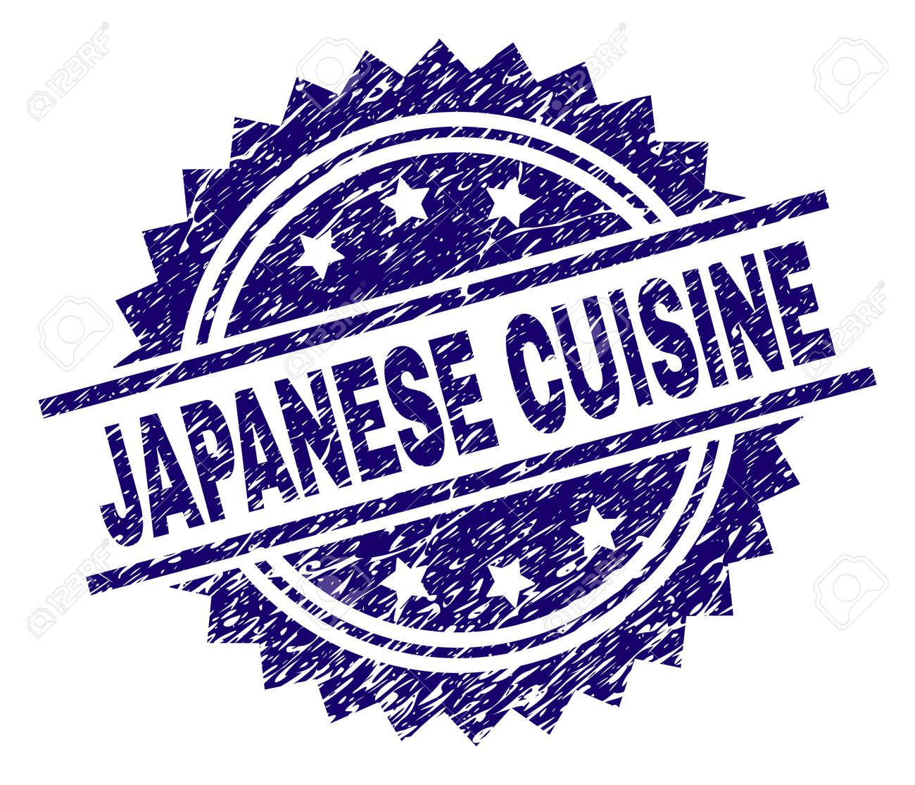 JAPANESE CUISINE stamp seal watermark with distress style. Blue vector rubber print of JAPANESE CUISINE tag with scratched texture. - 126338153 JAPANESE CUISINE stamp seal watermark with distress style. Blue vector rubber print of JAPANESE CUISINE tag with scratched texture. - 126338153