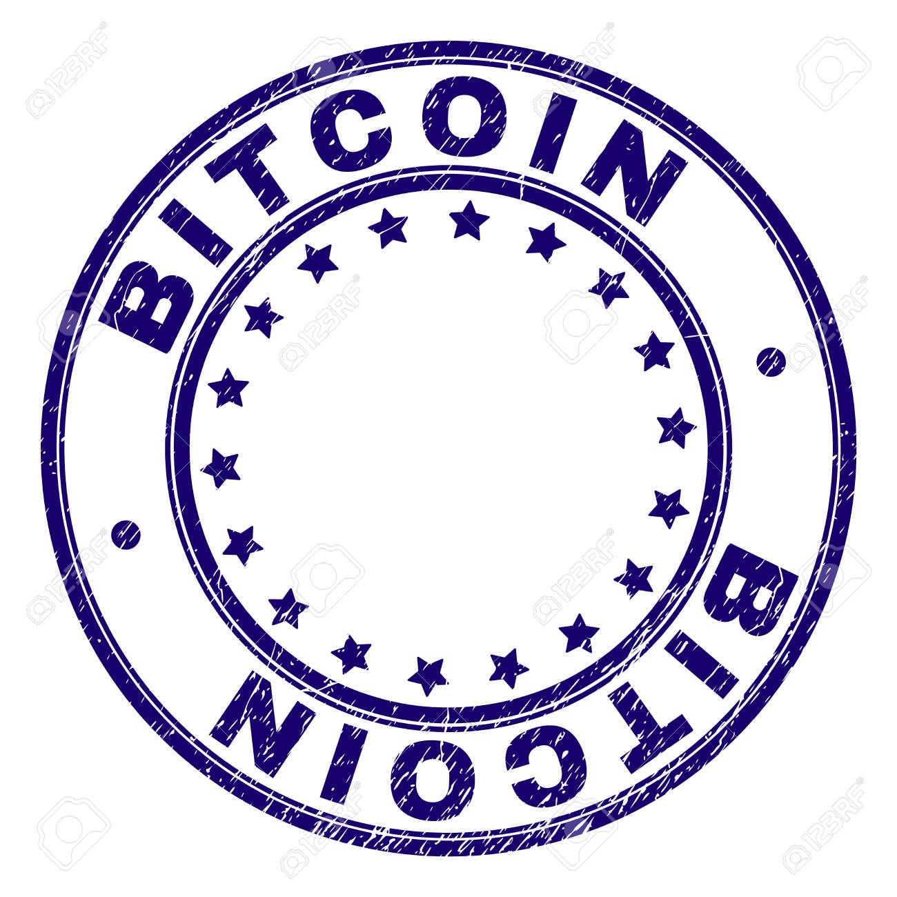 그런 지 텍스처와 Bitcoin 스탬프 인감 워터 마크. 원과 별들로 디자인되었습니다. 그루지 텍스처가 있는 비트코인 텍스트의 파란색  벡터 고무 인쇄. 로열티 무료 사진, 그림, 이미지 그리고 스톡포토그래피. Image 125639307