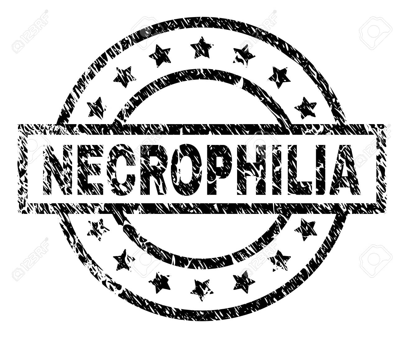 necrophilia ネクロフィリアスタンプシールウォーターマークと遭難スタイル。長方形、円、星で設計されています。キズリングされたテクスチャを持つNECROPHILIAタグのブラックベクトルラバープリント。のイラスト素材・ベクター  Image 116367603
