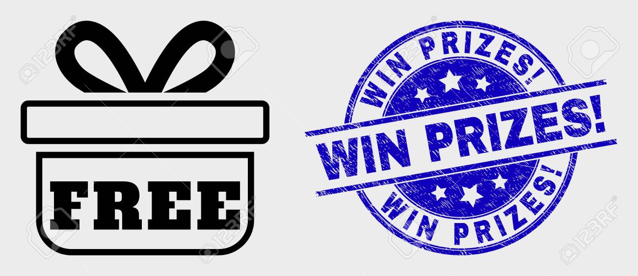Vector Contour Free Gift Icon And Win Prizes! Seal Stamp. Blue Rounded  Distress Seal Stamp With Win Prizes! Caption. Black Isolated Free Gift  Pictogram In Contour Style. Royalty Free SVG, Cliparts, Vectors,