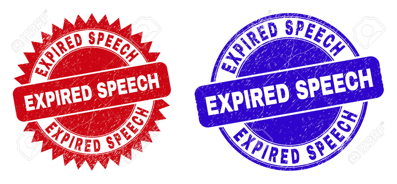둥근 및 로제트 만료된 음성 봉인 스탬프 긁힌 텍스처가 있는 빨간색 및 파란색 워터마크의 원형 및 날카로운 로제트 모양 안에 만료된  음성 태그가 있는 플랫 벡터 긁힌 물개 로열티 무료 사진, 그림,
