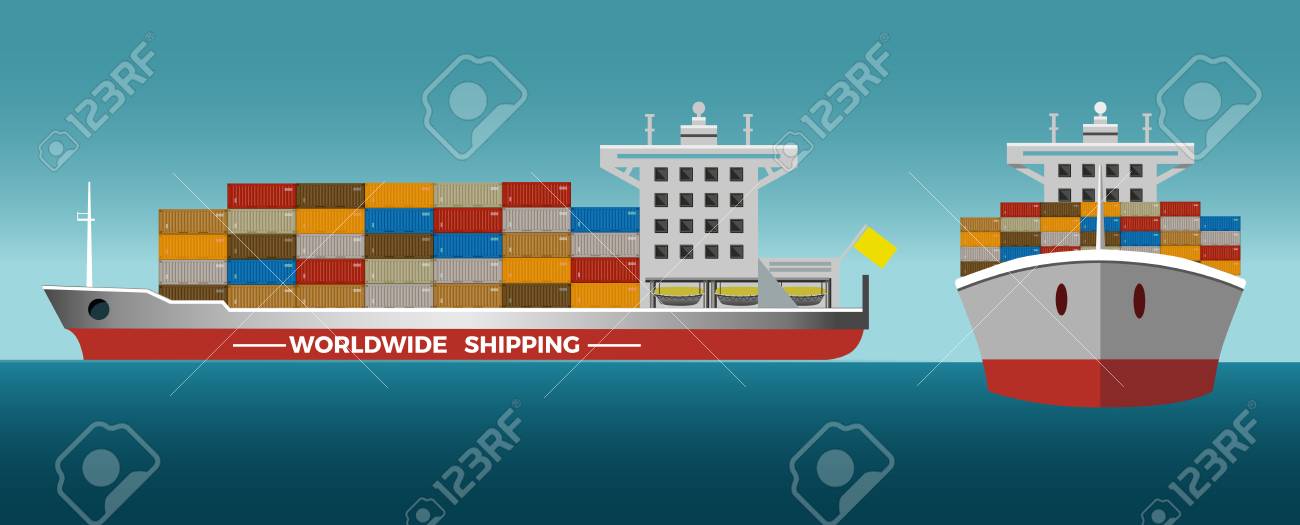 荷を積んだコンテナー船 正面図と側面図 のイラスト素材 ベクタ Image