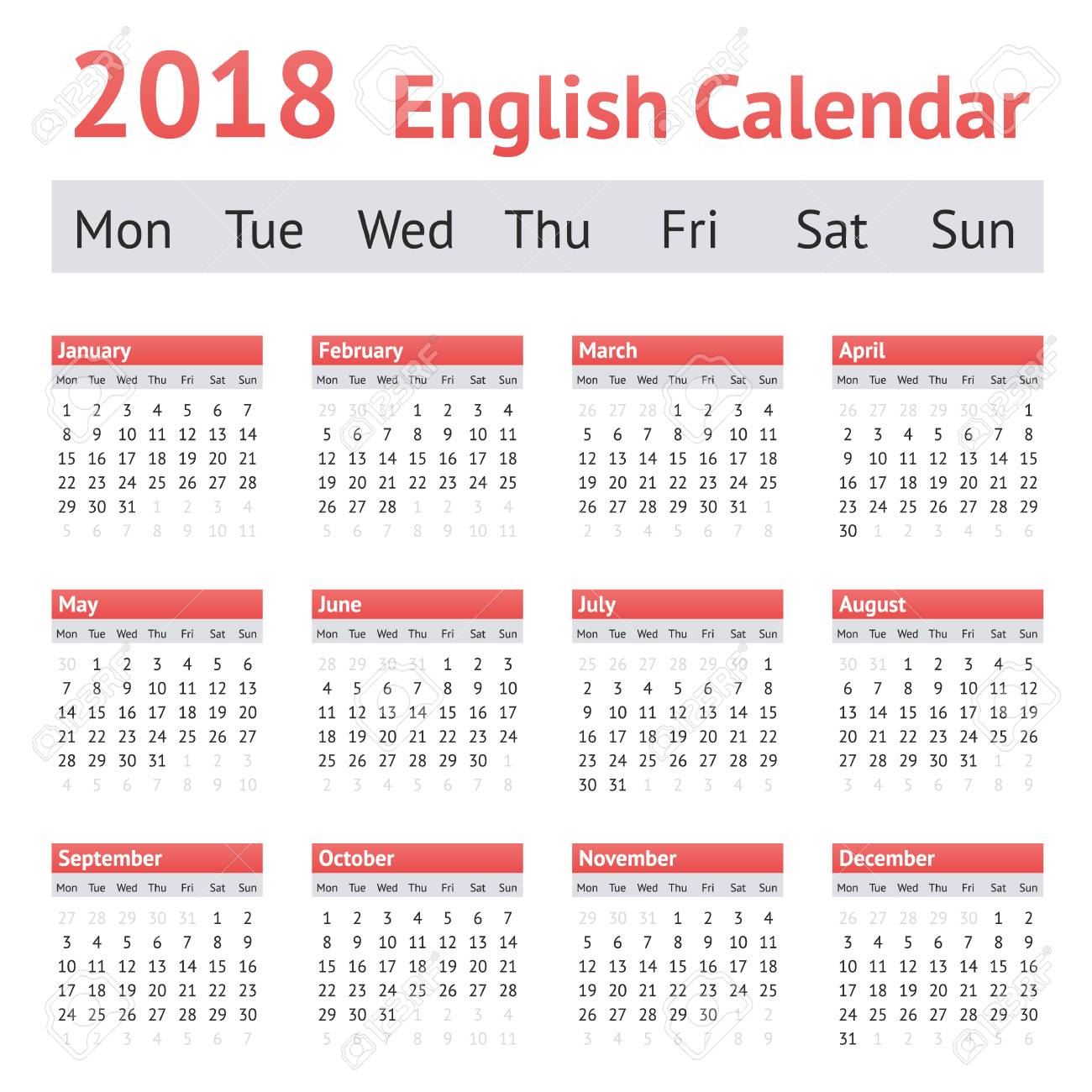 18 欧州英語カレンダーです 週の開始日 月曜日 の写真素材 画像素材 Image