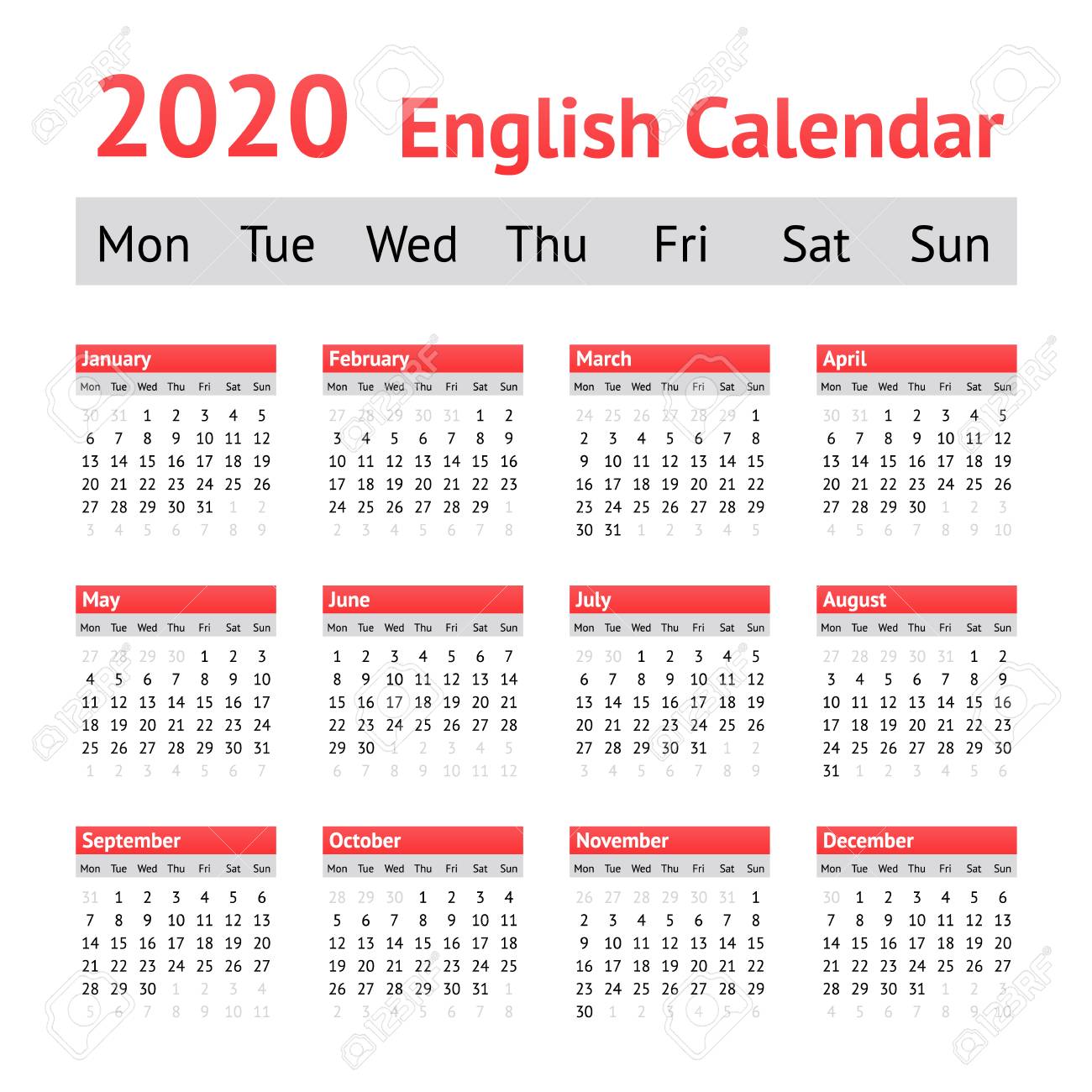 2020 european english calendar week starts on monday week calendar for 2020