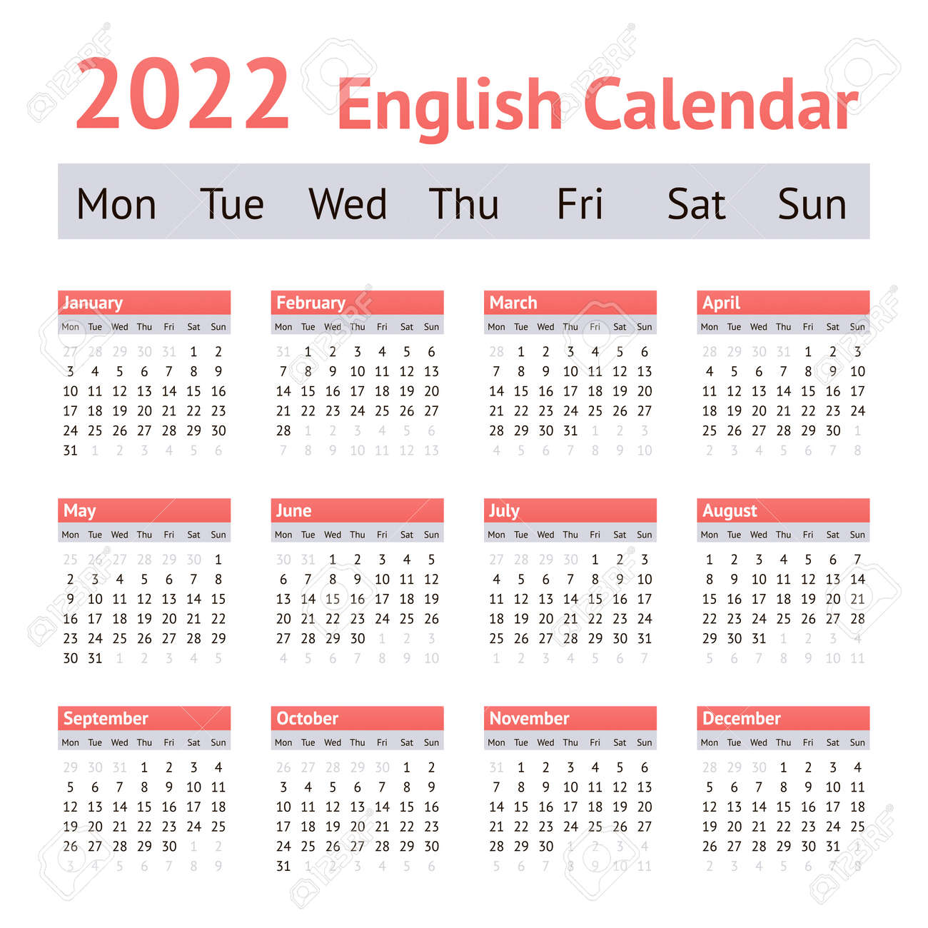 Calendar Weeks 2022 2022 European English Calendar. Weeks Start On Monday Royalty Free  Cliparts, Vectors, And Stock Illustration. Image 159432093.