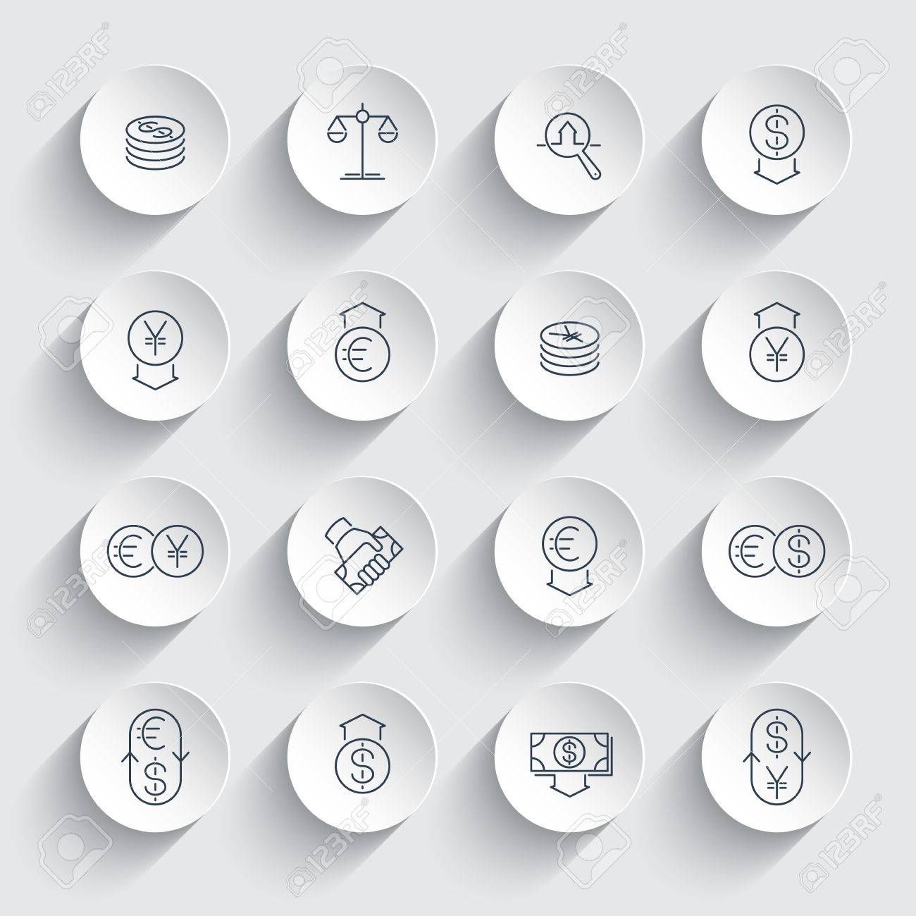 Currency Forex Trading Finance Line Icons On Round 3d Shapes - 