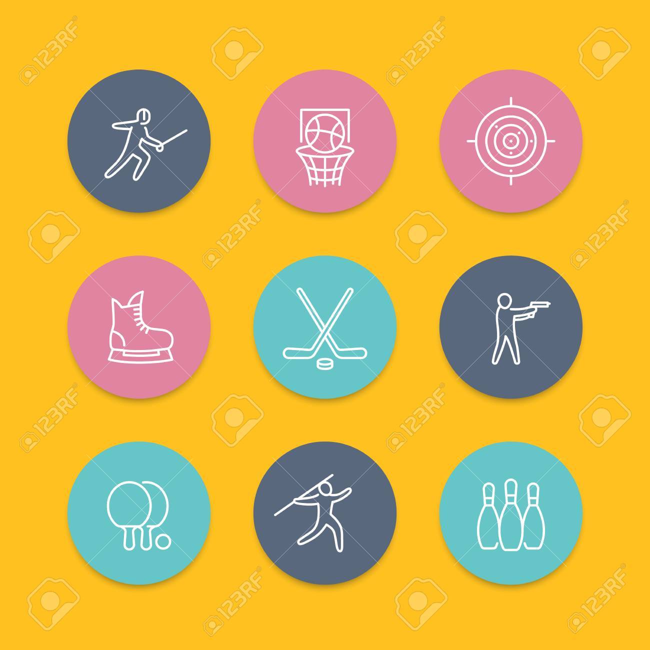 スポーツ ゲーム チーム スポーツ ライン アイコン ホッケー 卓球 バスケット ボール フェンシング ラウンド フラット アイコン スポーツ ピクトグラム ベクトル イラストのイラスト素材 ベクタ Image