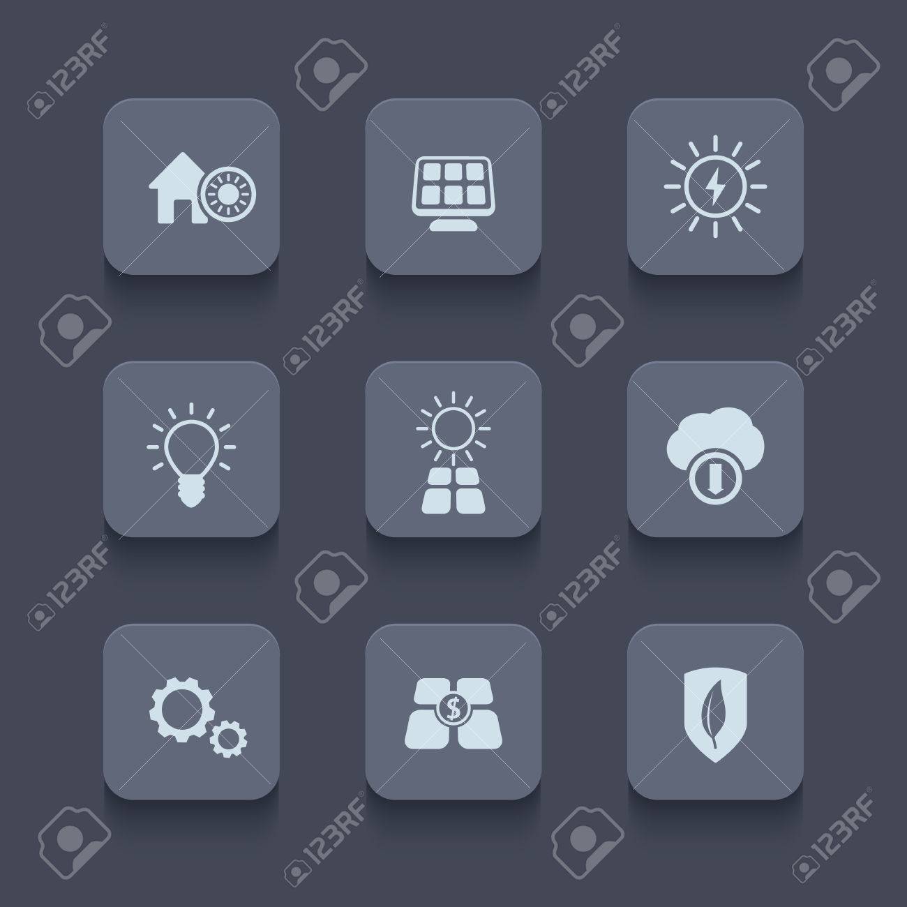 ピクトグラム太陽エネルギー 太陽光発電 太陽動力を与えられた 灰色の円形にされた正方形アイコンの設定 図のイラスト素材 ベクタ Image