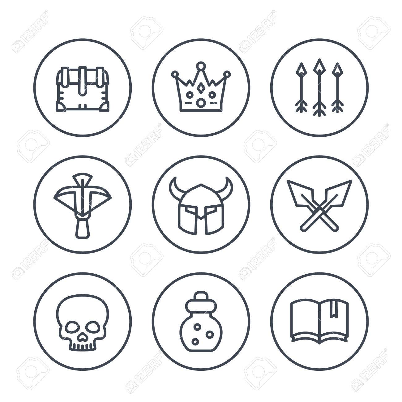 サークルでゲーム ライン アイコン セット 2 Rpg 矢印 クラウン ポーション クロスボウ 胸 中世 ファンタジー ベクトル イラストのイラスト素材 ベクタ Image