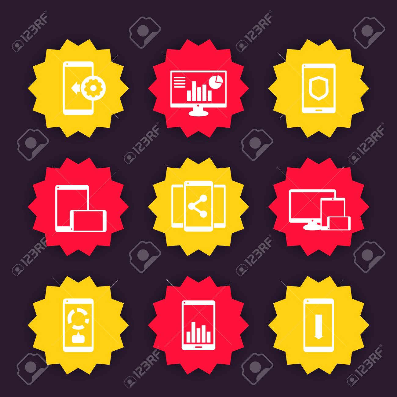 携帯電話 デスクトップのアプリ アイコンを設定する スマート フォン タブレットが付いているバッジのイラスト素材 ベクタ Image