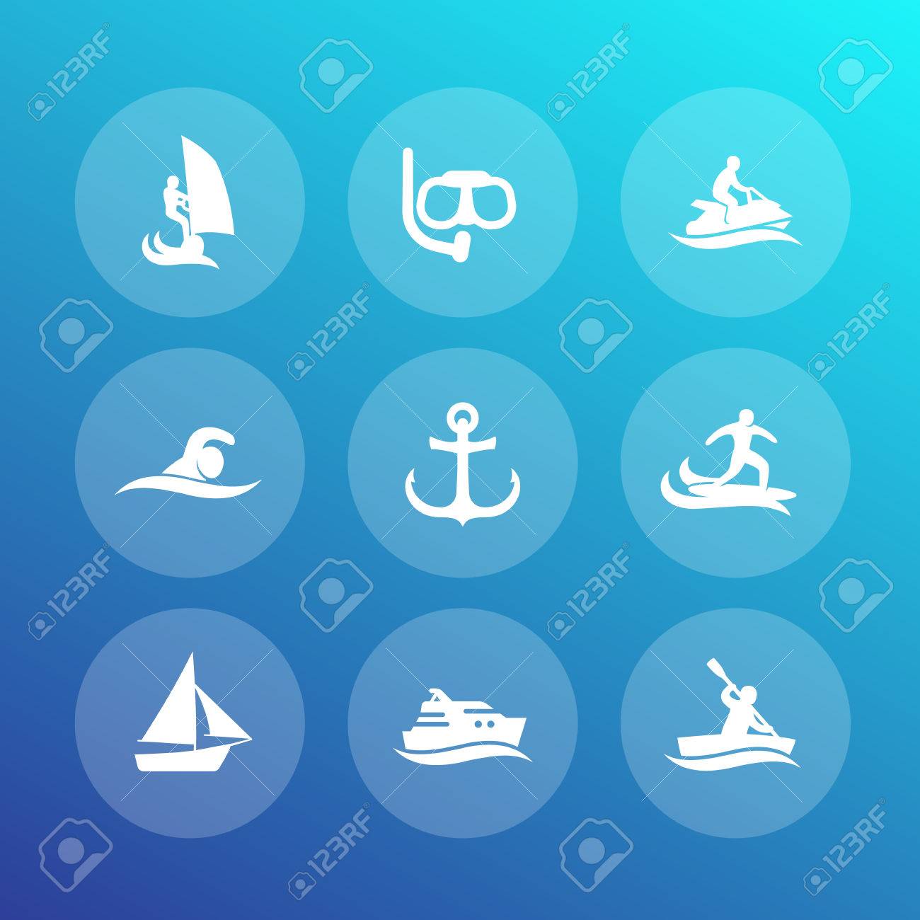 ウォーター スポーツのアイコン セット サーフィン セーリング ダイビング 水泳絵文字 のイラスト素材 ベクタ Image
