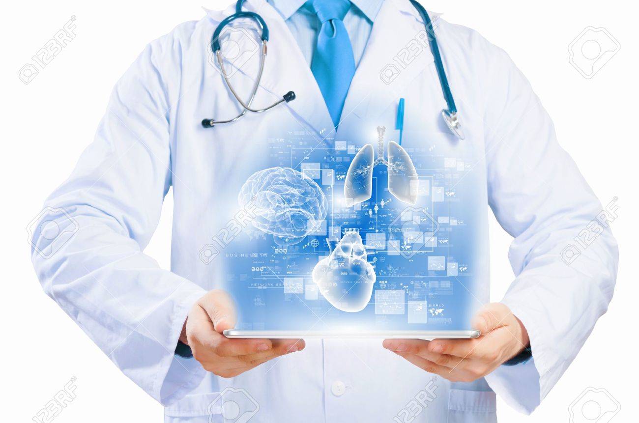 Close up of doctor s body holding tablet pc with media illustration - 22102760 Close up of doctor s body holding tablet pc with media illustration - 22102760