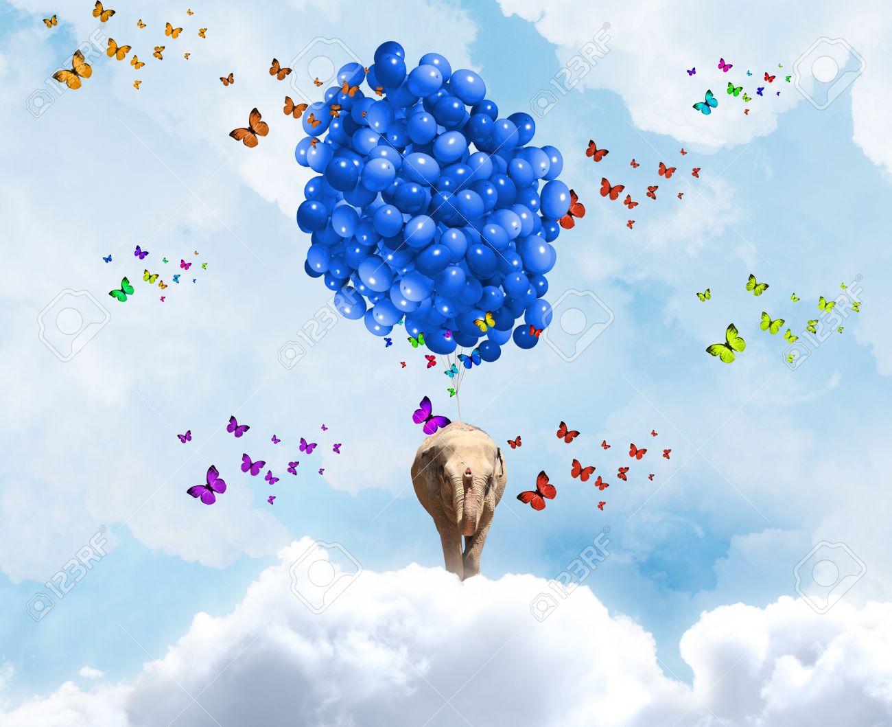 色とりどりの風船の束に空を飛んでる象の写真素材・画像素材 Image