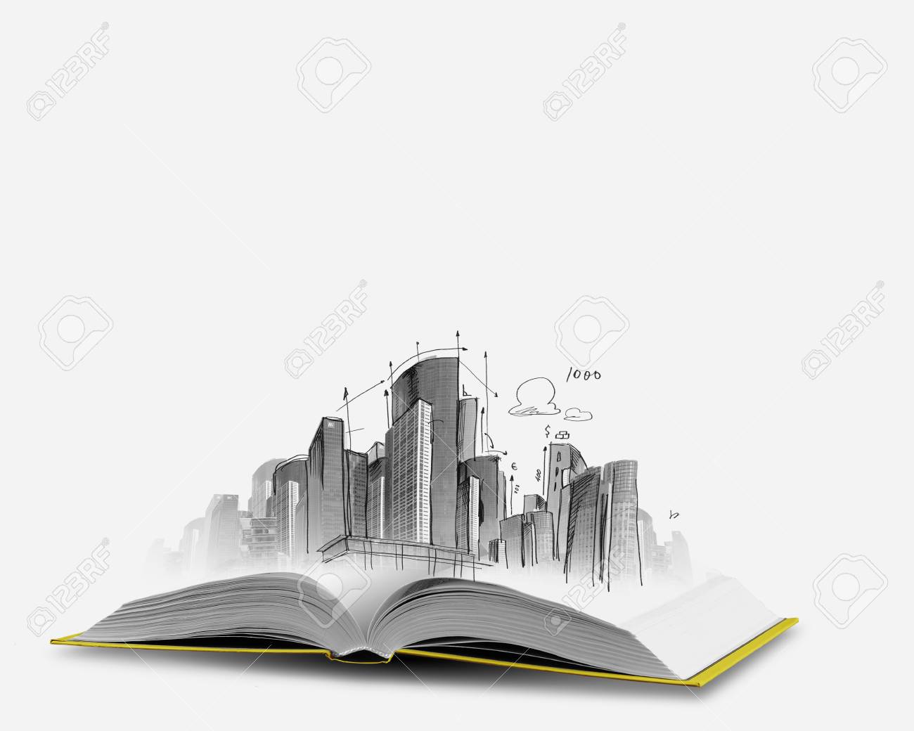 opened book and hand drawing building sketches stock photo picture