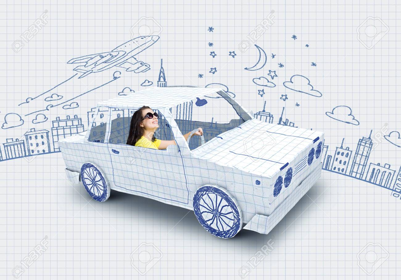 Young woman riding car made of list of paper - 31940544 Young woman riding car made of list of paper - 31940544