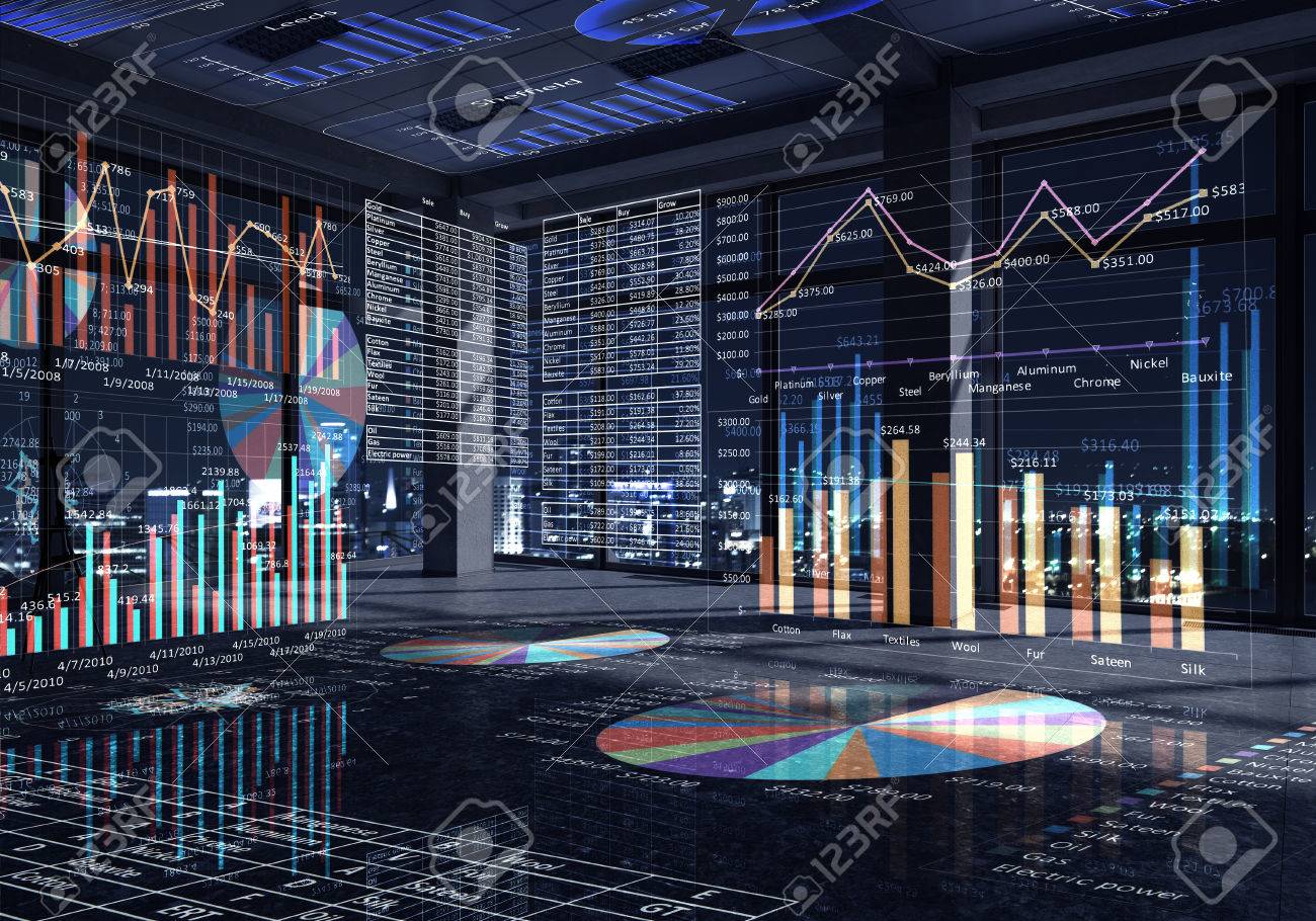 Modern office window view with virtual market infographs - 50267785 Modern office window view with virtual market infographs - 50267785