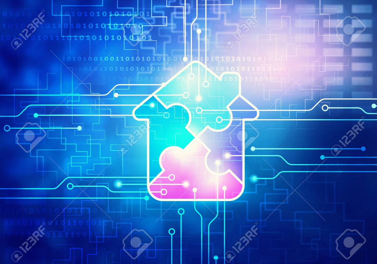 computer technologies blue background with jigsaw elements on blue circuitry background
