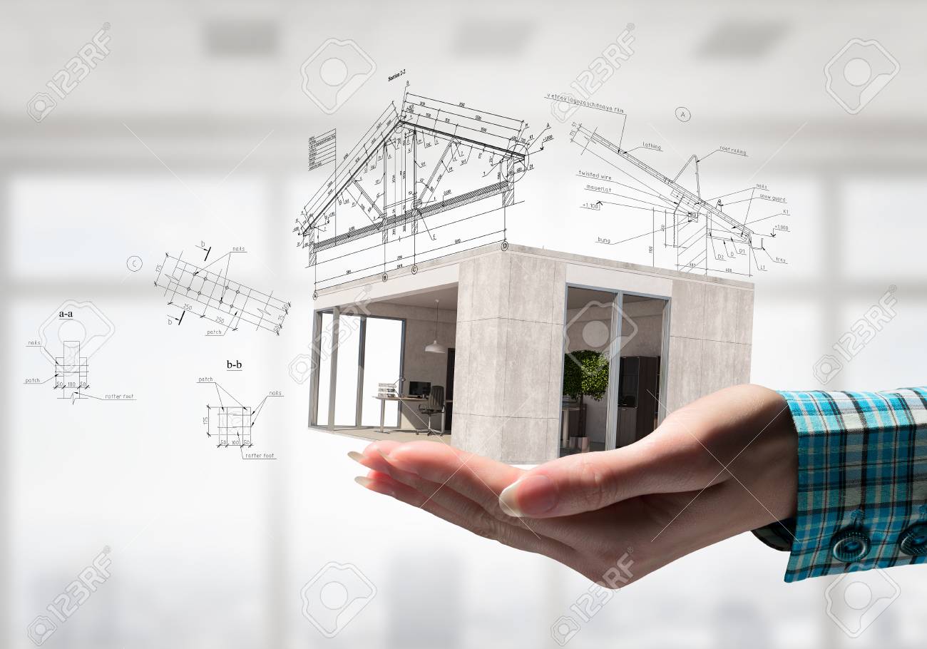 Hand presenting in palm interior design pattern mixed media stock photo 63788398