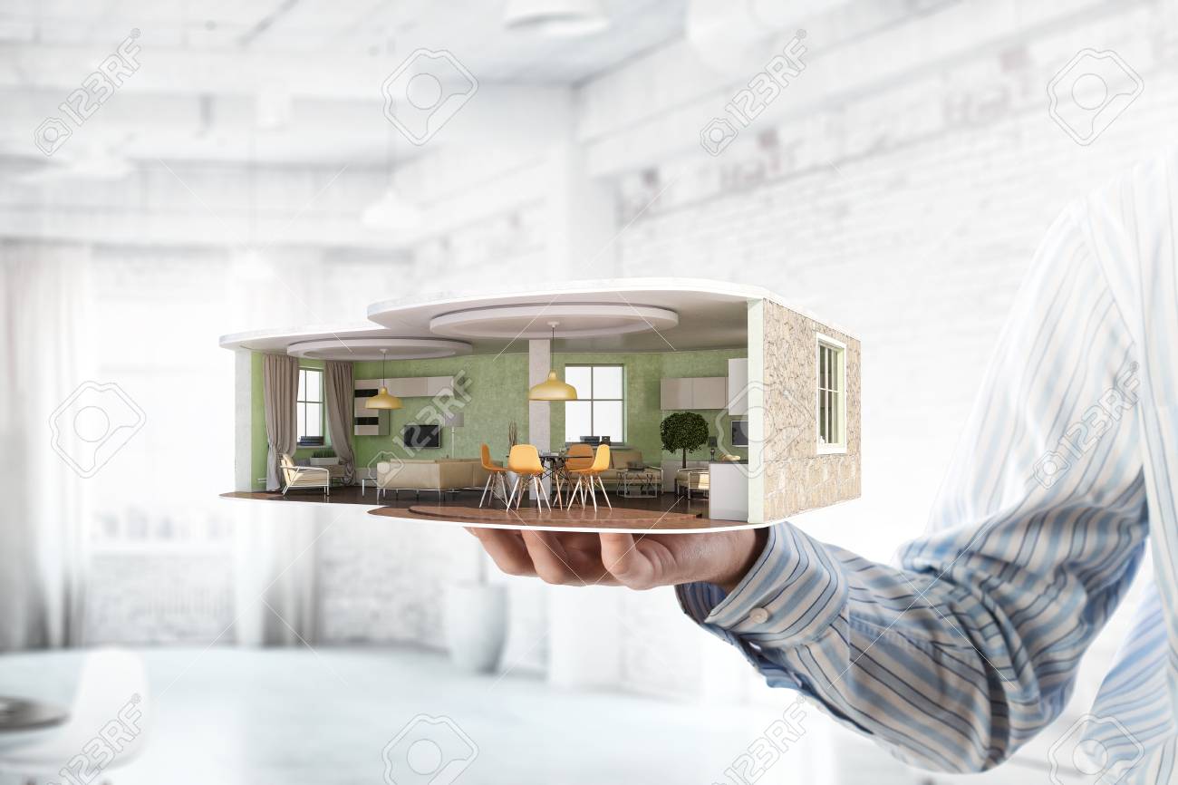 Hand presenting in palm interior design pattern mixed media stock photo 65146949