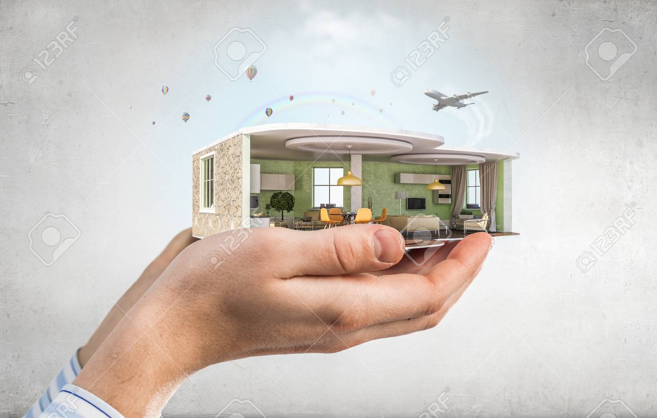 Hand presenting in palm interior design pattern mixed media stock photo 64823773