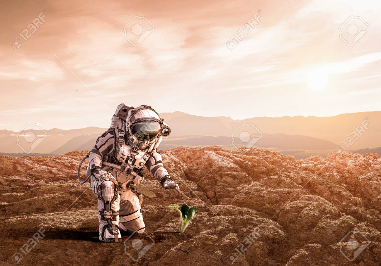 惑星表面の宇宙飛行士と緑の成長の芽 ミクストメディア の写真素材 画像素材 Image
