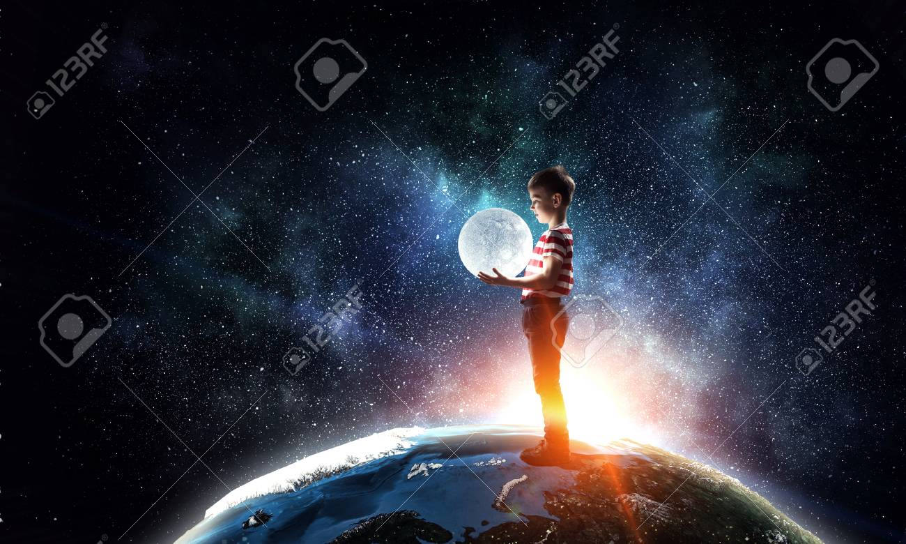 Boy holds the moon . Mixed media - 117677205 Boy holds the moon . Mixed media - 117677205