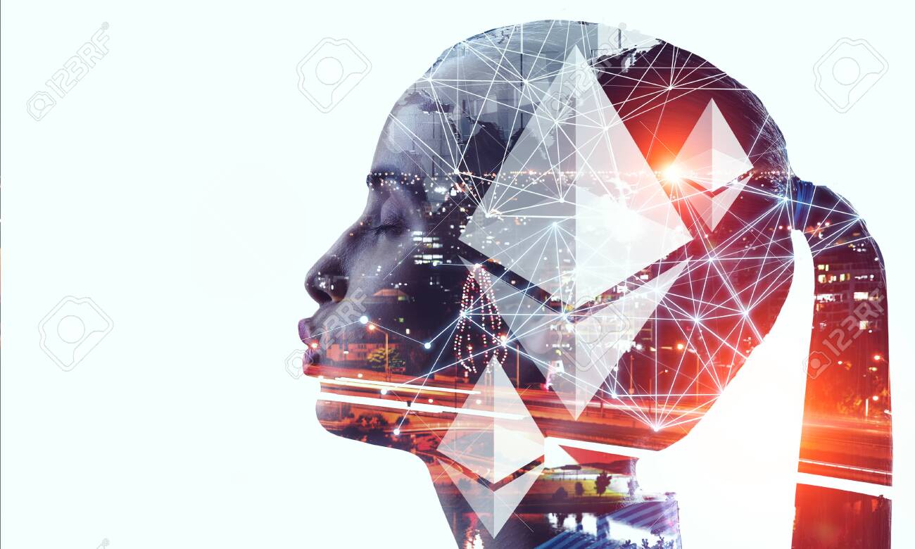 Profile Of Woman And Crypto Currency Symbols Against Cityscape Background.  3D Rendering Stock Photo, Picture and Royalty Free Image. Image 138578387.