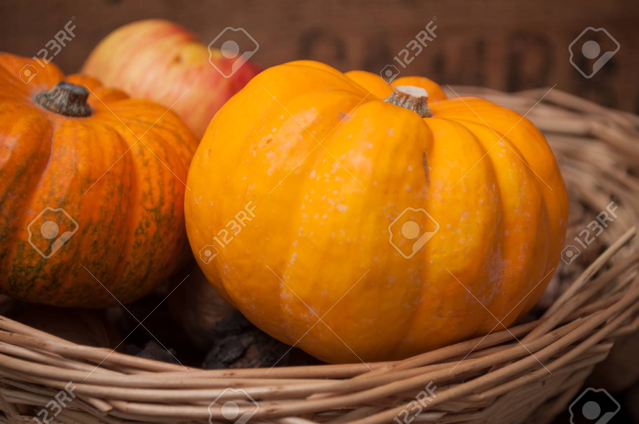 closeup of small pumpkins and walnuts on wooden background stock