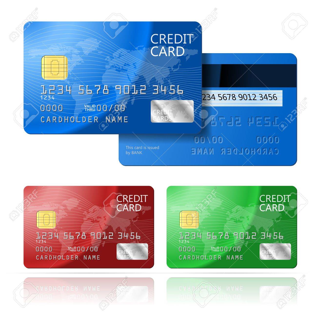 realistic vector credit card two sides blue green red royalty
