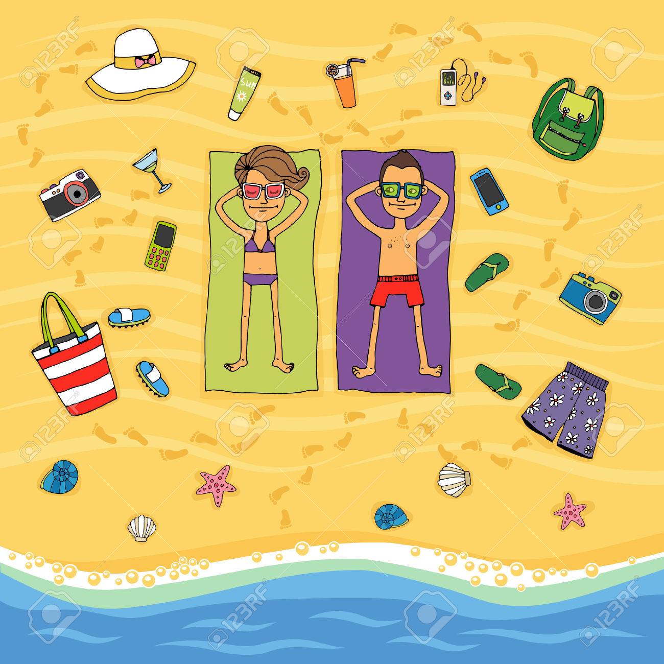 Illustration De Dessin Animé De Dessus Dun Couple Allongé Sur Leurs Serviettes Sur Le Sable Doré De Soleil Sur Une Plage Tropicale