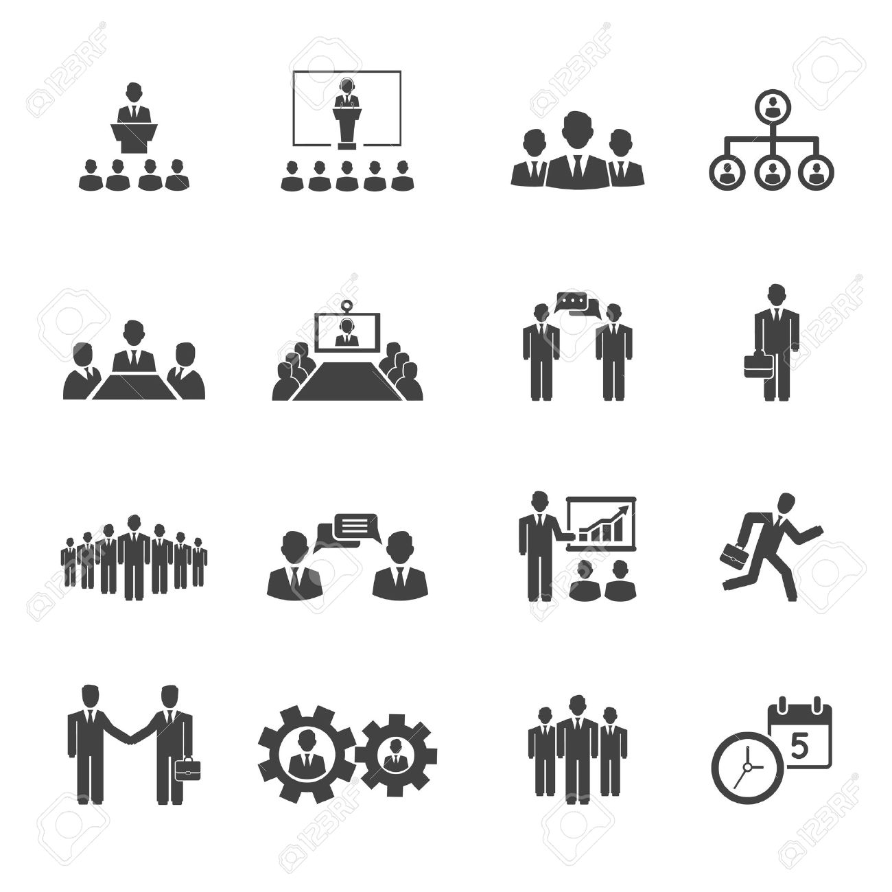 Business people meetings and conferences vector icons showing training presentations conference table leadership teamwork groups discussion brainstorming handshake deadline and schedule - 27842987 Business people meetings and conferences vector icons showing training presentations conference table leadership teamwork groups discussion brainstorming handshake deadline and schedule - 27842987