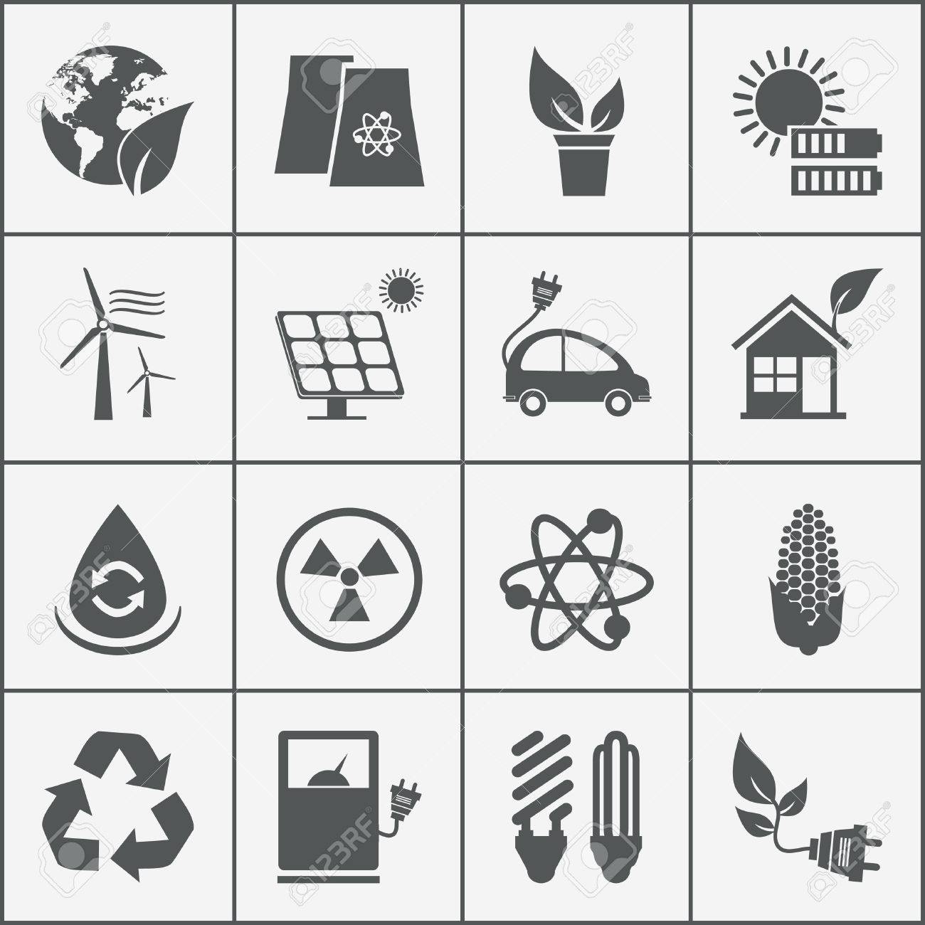 風原子力発電や太陽光発電電気自動車リサイクル エコ電球トウモロコシのバイオ燃料電池太陽光発電パネル風力タービンと緑の家のエコ エネルギー アイコンのセットのイラスト素材 ベクタ Image