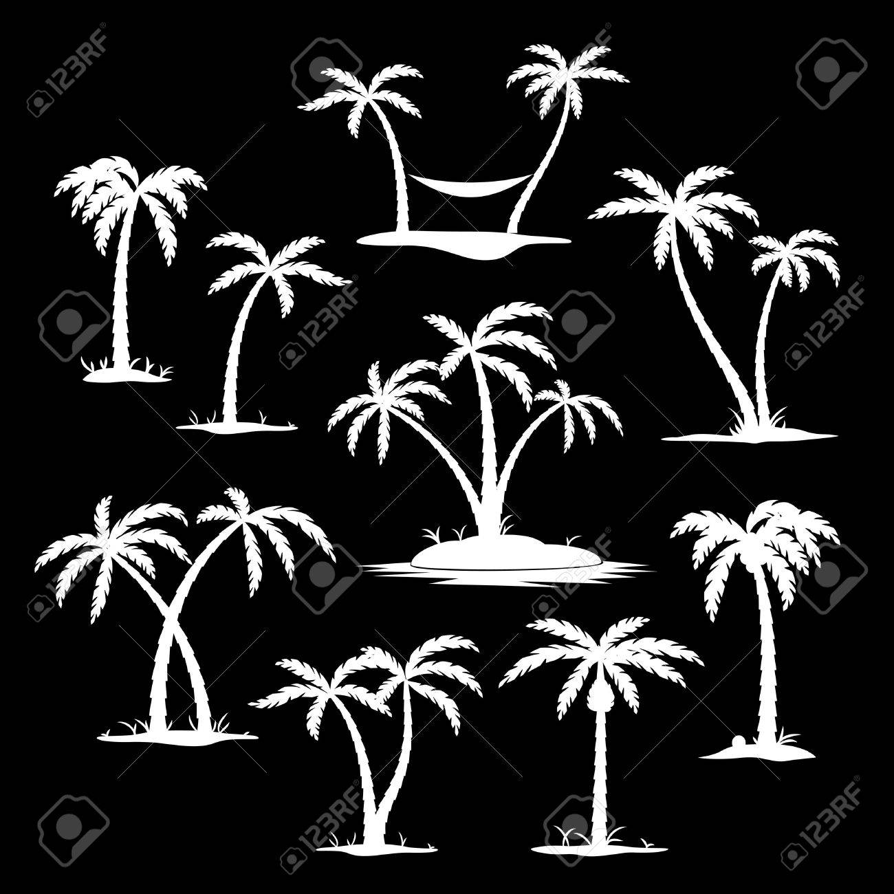 Ensemble De Cocotiers Blancs Icones Silhouette Sur Le Fond Noir Vector Illustration Clip Art Libres De Droits Vecteurs Et Illustration Image