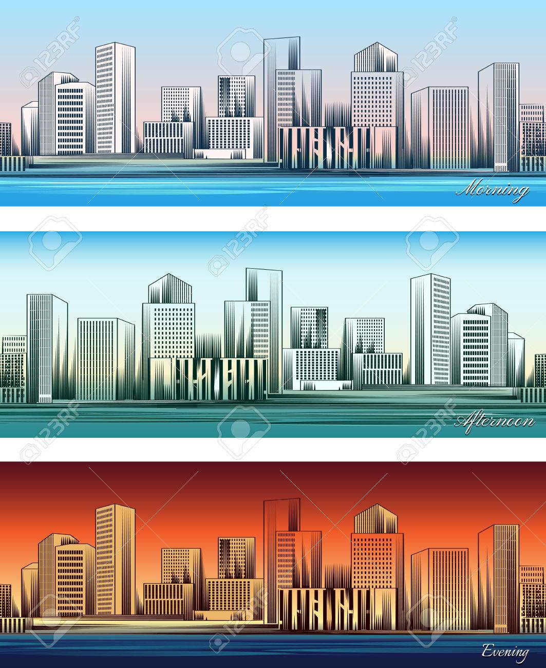 city skylines in morning afternoon and evening backgrounds