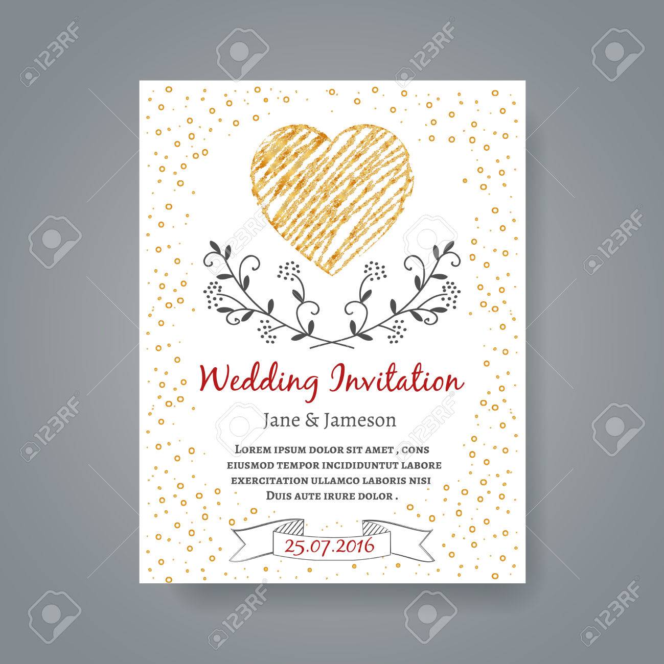 wedding invitation card template with hand drawn flowers and wedding invitation heart