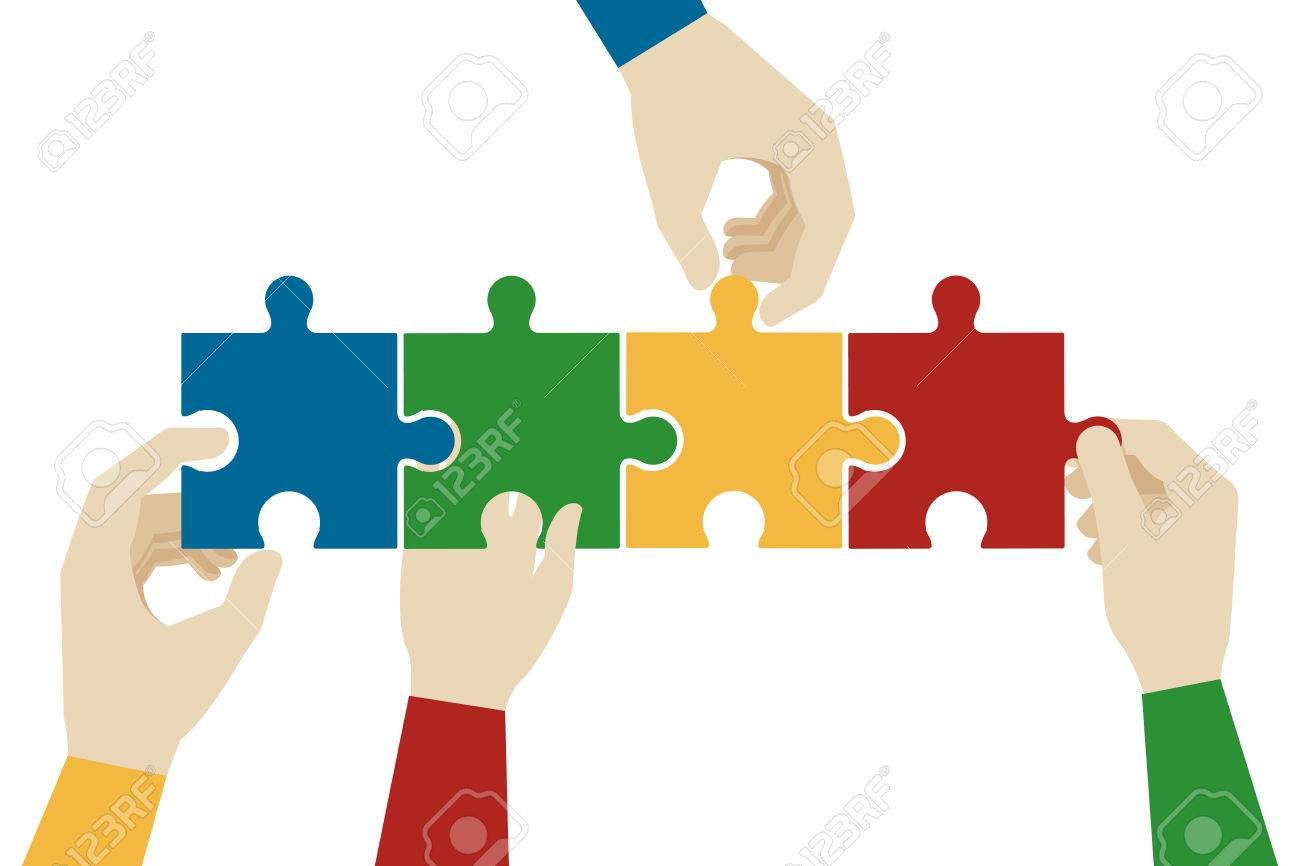 hands assembling jigsaw puzzle pieces teamwork connection idea