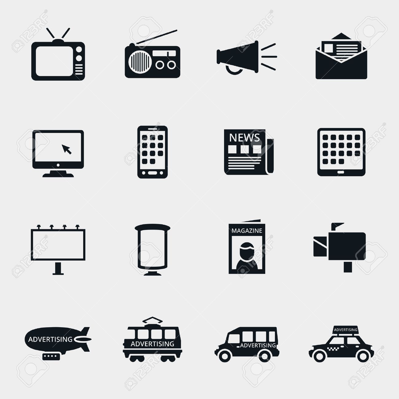 ベクトル広告メディアのシルエットのアイコンを設定します マーケティングとテレビ ラジオ インターネット メディア コンテンツ マルチ メディア市場の図 のイラスト素材 ベクタ Image