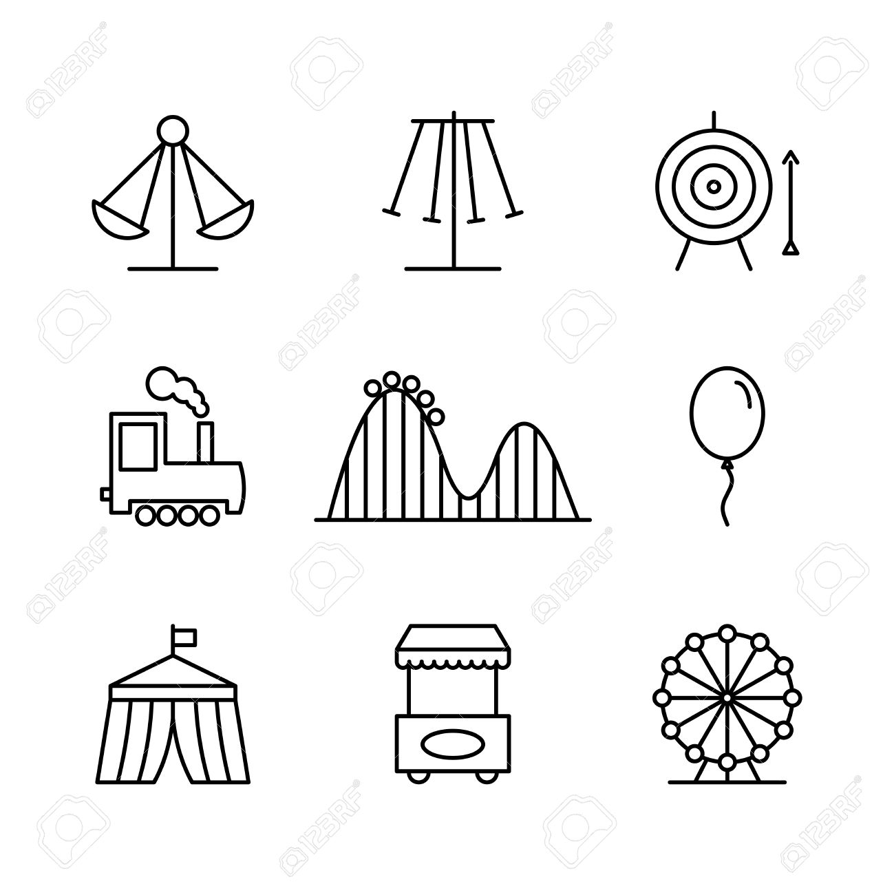 細い線スタイルの遊園地のアイコン ジェット コースターのバルーン テント 矢印 フェスティバルとターゲット ベクトル図 のイラスト素材 ベクタ Image