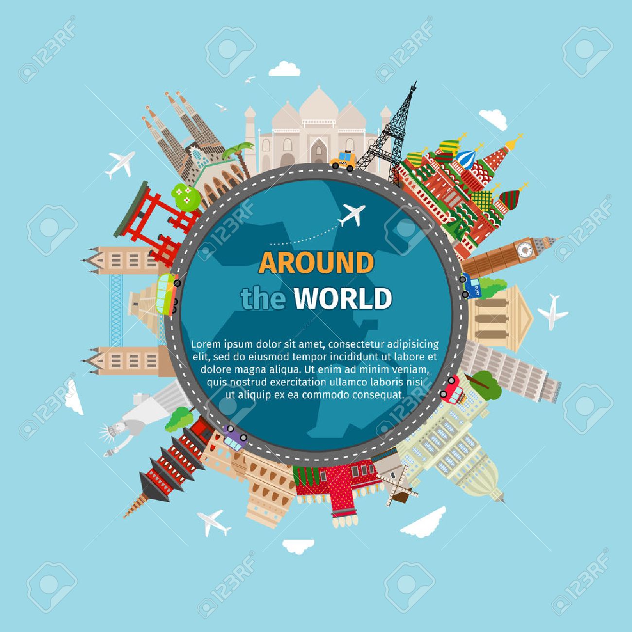 Travel around the world postcard. Tourism and vacation, earth world, journey global, vector illustration - 42795154 Travel around the world postcard. Tourism and vacation, earth world, journey global, vector illustration - 42795154