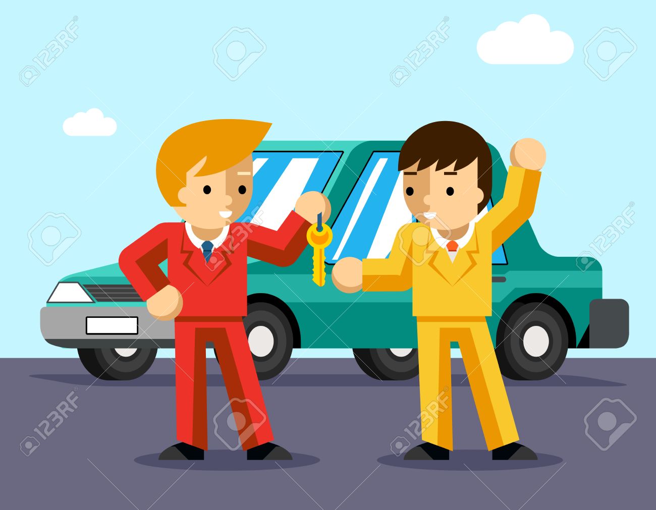 Buying car. Man gets keys to the car. Sale and giving, automobile dealer, people buy, success owner or driving. Vector illustration - 43675982 Buying car. Man gets keys to the car. Sale and giving, automobile dealer, people buy, success owner or driving. Vector illustration - 43675982
