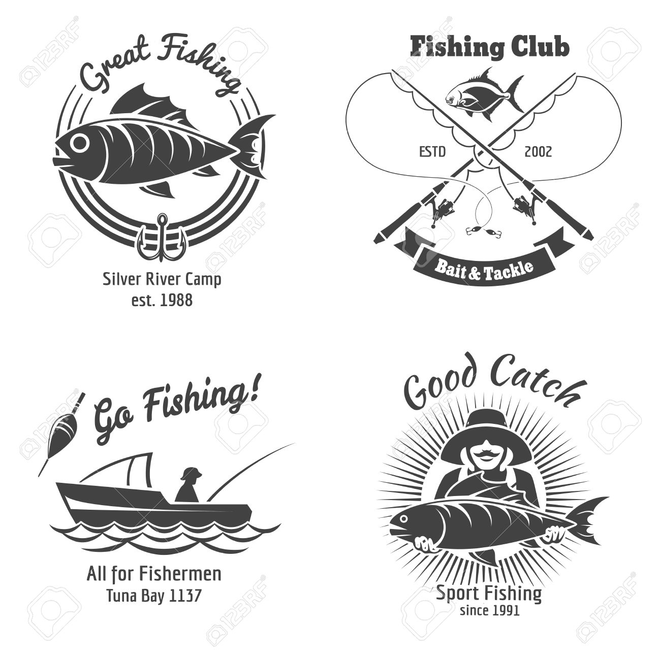 Fishing logo and emblems vintage vector set. Stamp and fish, sign and sticker, food animal, vector illustration - 44250522 Fishing logo and emblems vintage vector set. Stamp and fish, sign and sticker, food animal, vector illustration - 44250522