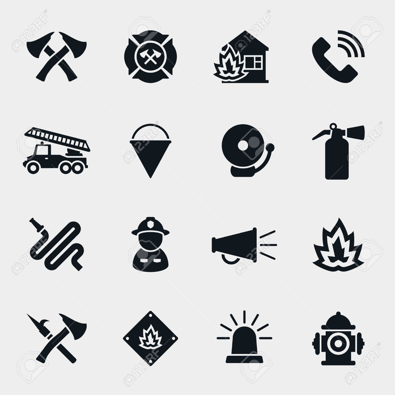 Fire fighter icons set. Firefighter and axe, protection and safety, helmet and hose, vector illustration - 46402059 Fire fighter icons set. Firefighter and axe, protection and safety, helmet and hose, vector illustration - 46402059