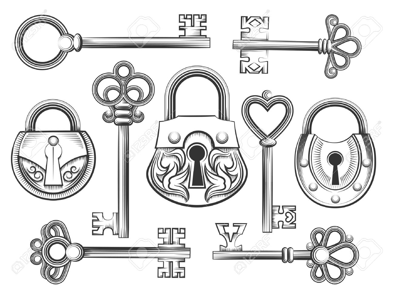 Hand drawn vintage key and lock vector set. Padlock and keyhole, antique collection, security and safety illustration - 46402280 Hand drawn vintage key and lock vector set. Padlock and keyhole, antique collection, security and safety illustration - 46402280