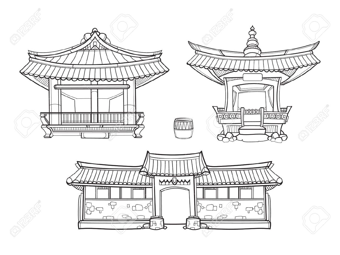 Hanok Korean Traditional Architecture Outline Set Palace House
