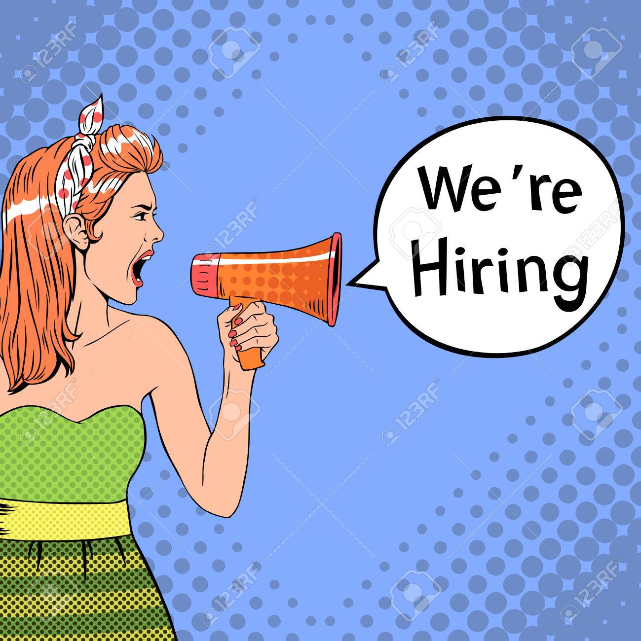 ポップアートのスタイルの女の子は 私たちが雇っている吹き出しに