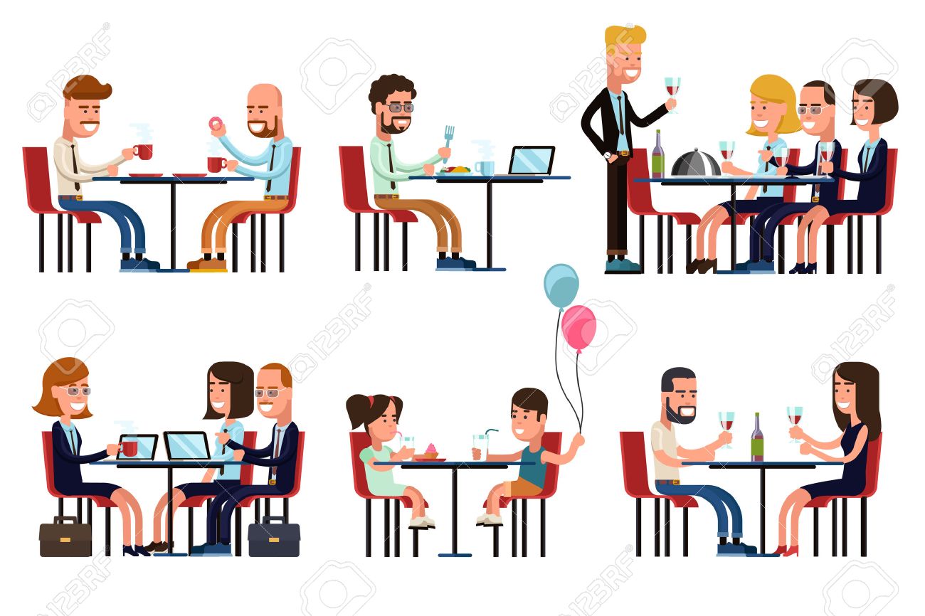 人は食事とレストランやコーヒー ショップでの会話します フラット スタイルのアイコンを設定します 食べ物や飲み物 ビジネスマン ビジネス ゴシップ 会議 子供に座ってベクトル イラスト のイラスト素材 ベクタ Image
