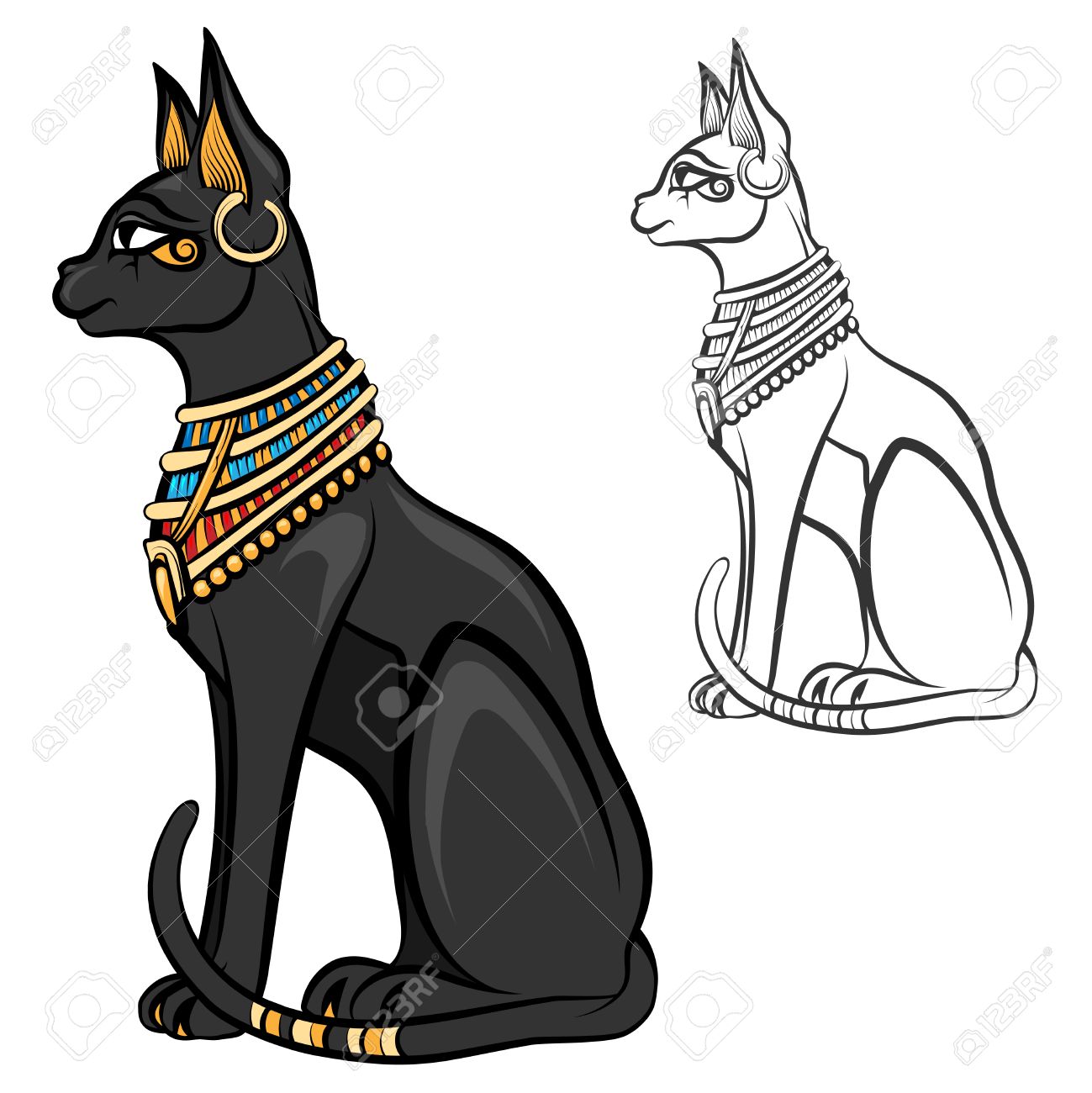 エジプトの猫の女神バステト。エジプトの神、古代置物座って、黒い像猫、お土産像、ベクトル イラストのイラスト素材・ベクター Image 50193938